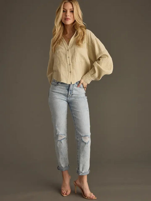 KHAKI GAUZE BUTTON UP