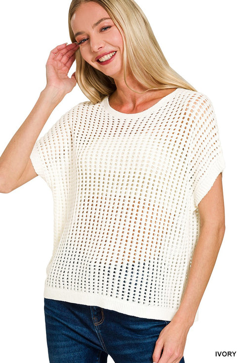 SHORT SLEEVE SHEER KNIT SWEATER