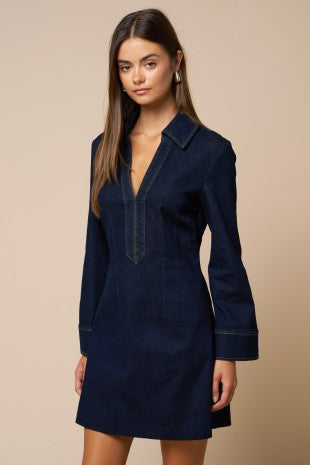 V-NECK FLARED DENIM DRESS