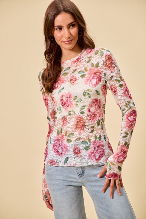 LACE FLORAL ROSE TOP