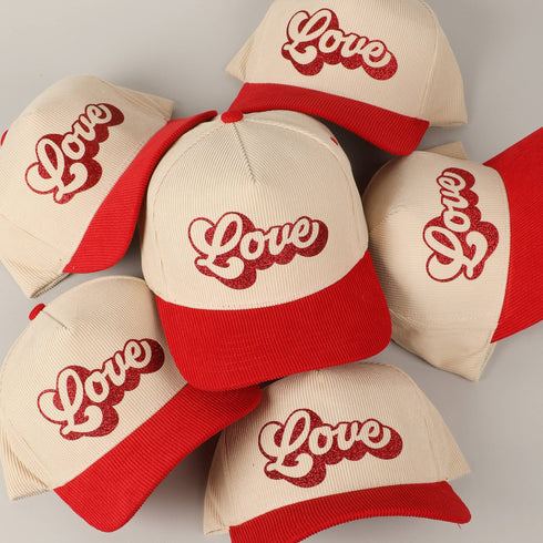 Love Glitter Bubble Letter Two-Tone Corduroy Cap