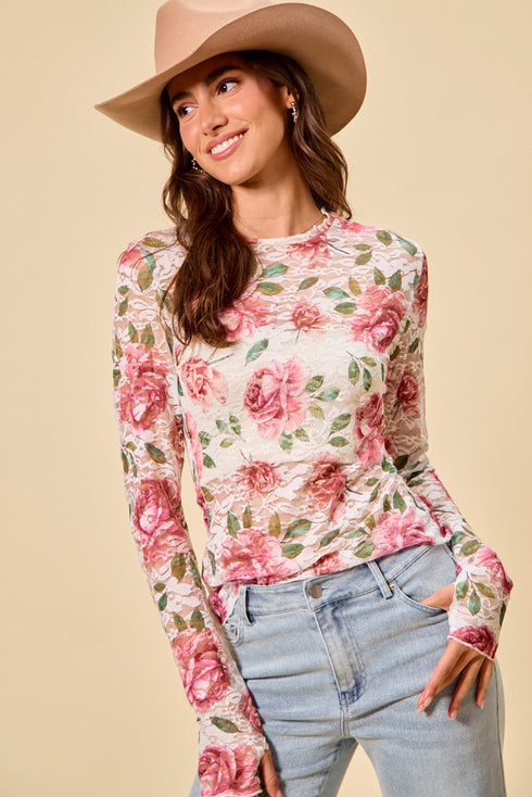 LACE FLORAL ROSE TOP