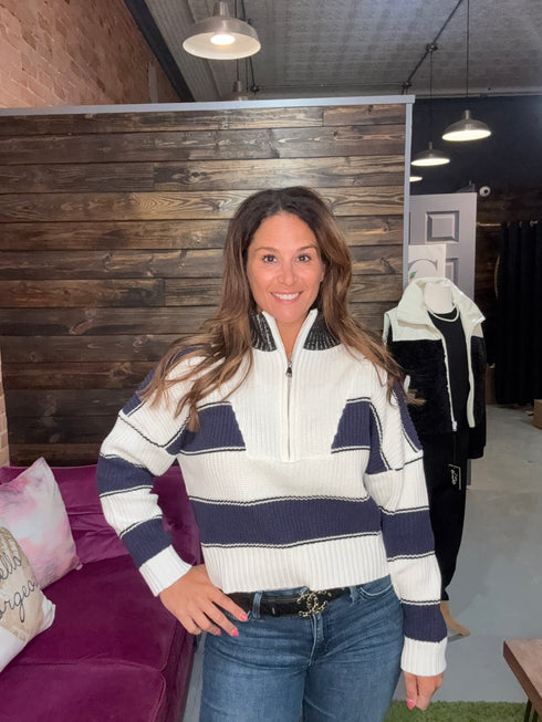 QUARTER ZIP STRIPE SWEATER