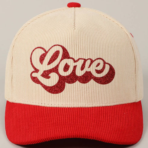Love Glitter Bubble Letter Two-Tone Corduroy Cap