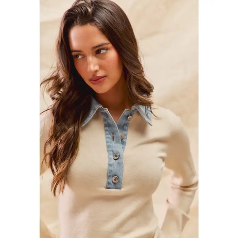 DENIM CONTRAST COLLAR TOP