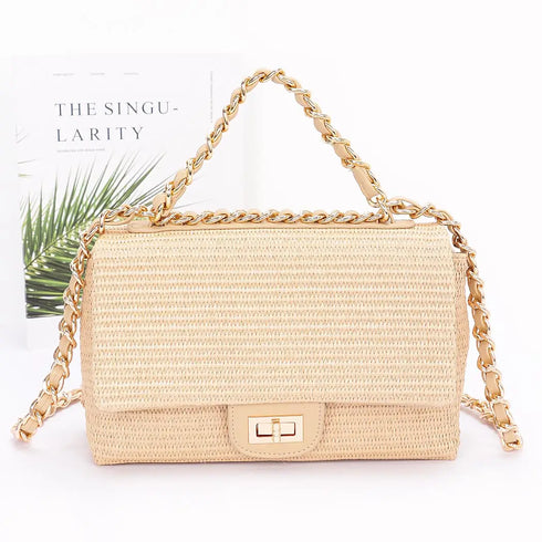 FAUX STRAW FLAP BAG