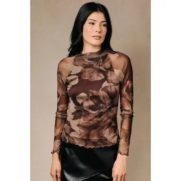 FLORAL MESH MOCK NECK TOP