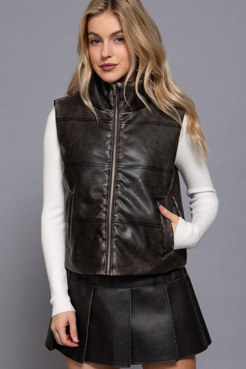 WASH EFFECT FAUX LEATHER VEST